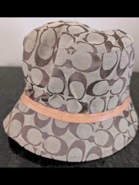 Coach Beige and Brown Signature Logo Bucket Hat